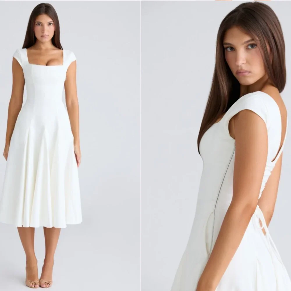 HOUSE OF CB 'Raisa' White Square Neck Twill Midi Dress NWOT - Picture 2 of 5